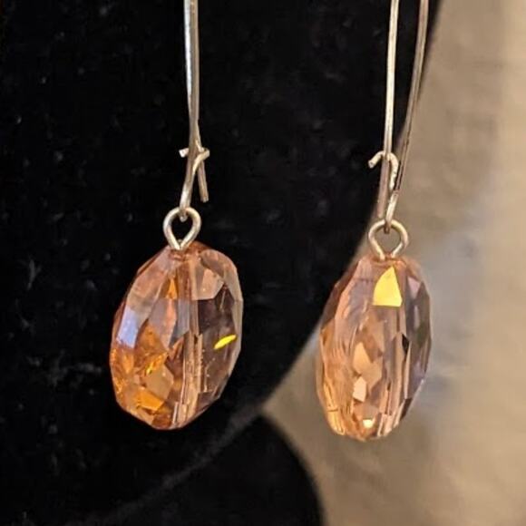 Large Peach Crystal Dangle Earrings with Long Kidney Ear Wire - Picture 3 of 6